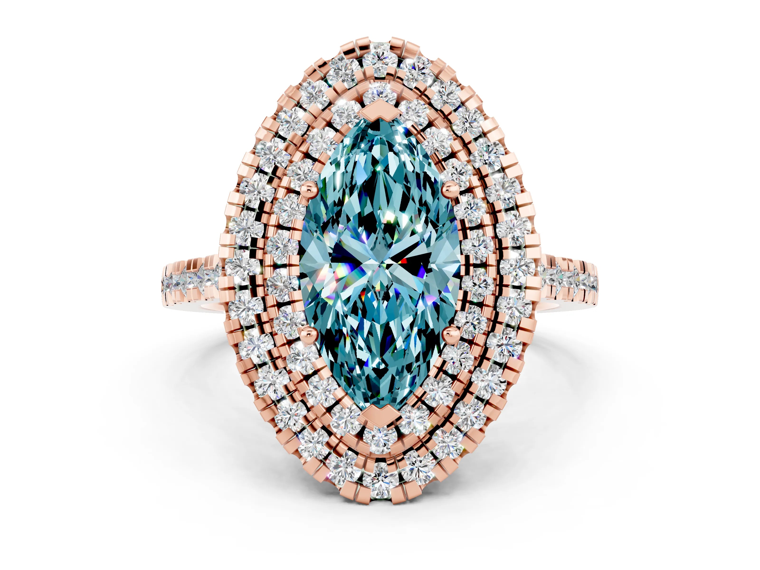 Rose gold Double Halo Marquise Cut Blue Topaz Pavé Band with Four-Prong Setting