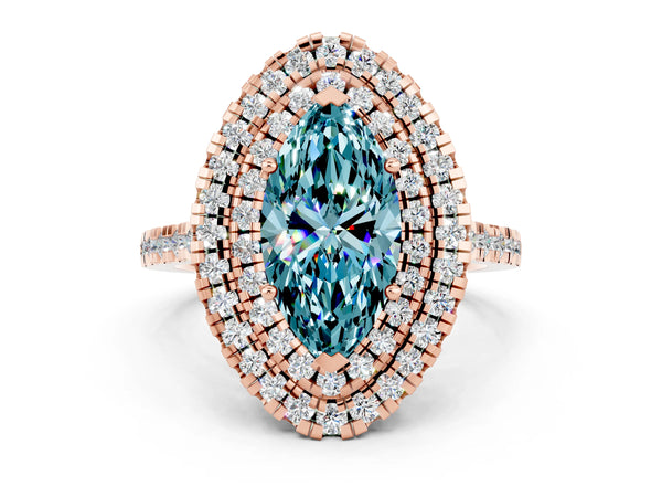Rose gold Double Halo Marquise Cut Blue Topaz Pavé Band with Four-Prong Setting