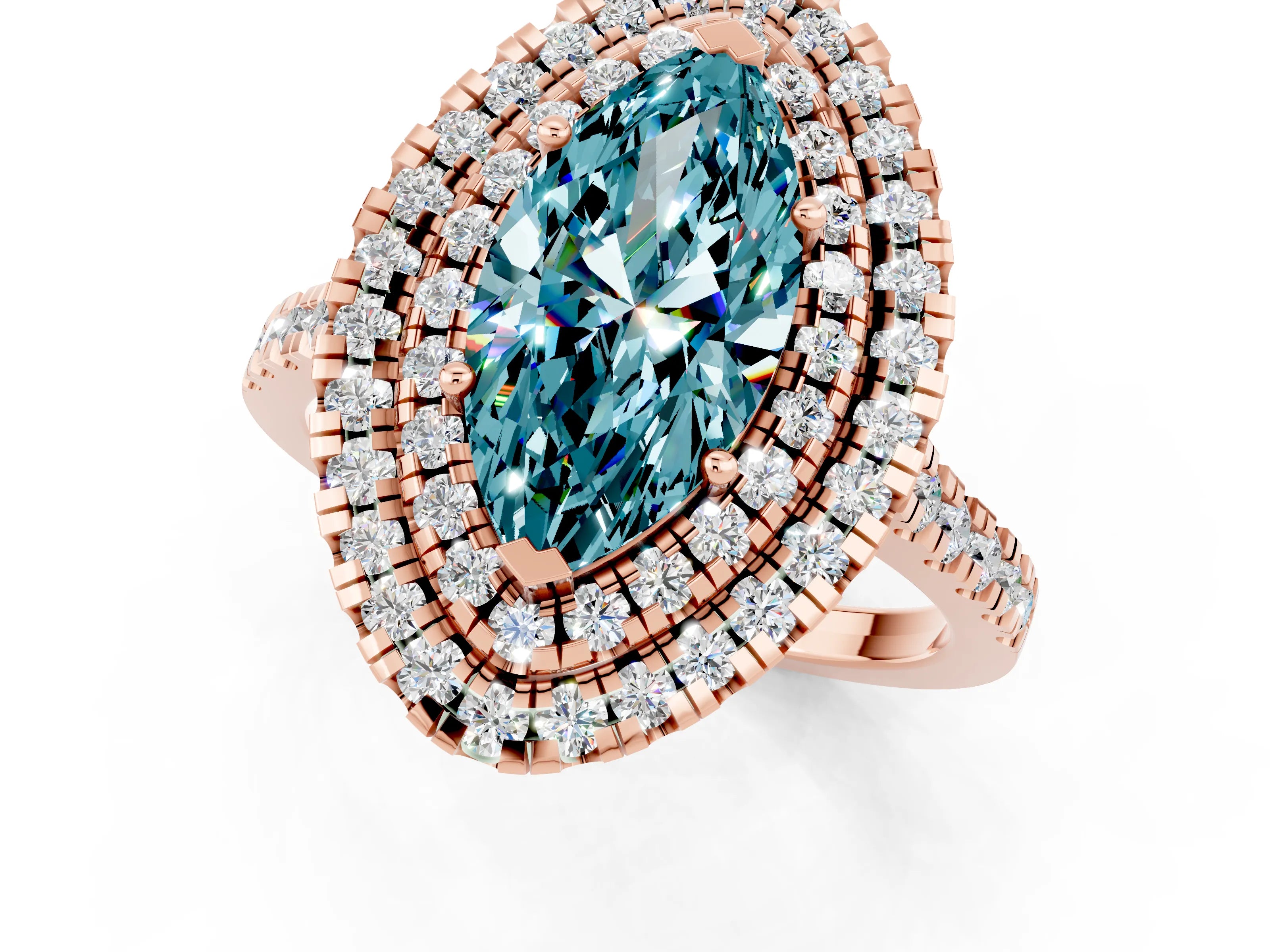 Rose gold Double Halo Marquise Cut Blue Topaz Pavé Band with Four-Prong Setting_1