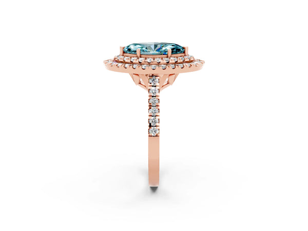 Rose gold Double Halo Marquise Cut Blue Topaz Pavé Band with Four-Prong Setting