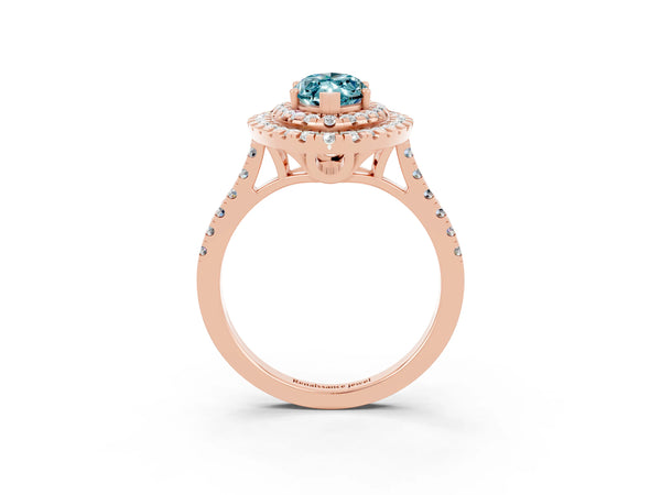 Rose gold Double Halo Marquise Cut Blue Topaz Pavé Band with Four-Prong Setting