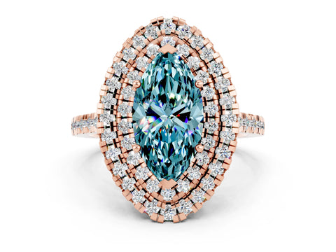 Rose gold Double Halo Marquise Cut Blue Topaz Pavé Band with Four-Prong Setting