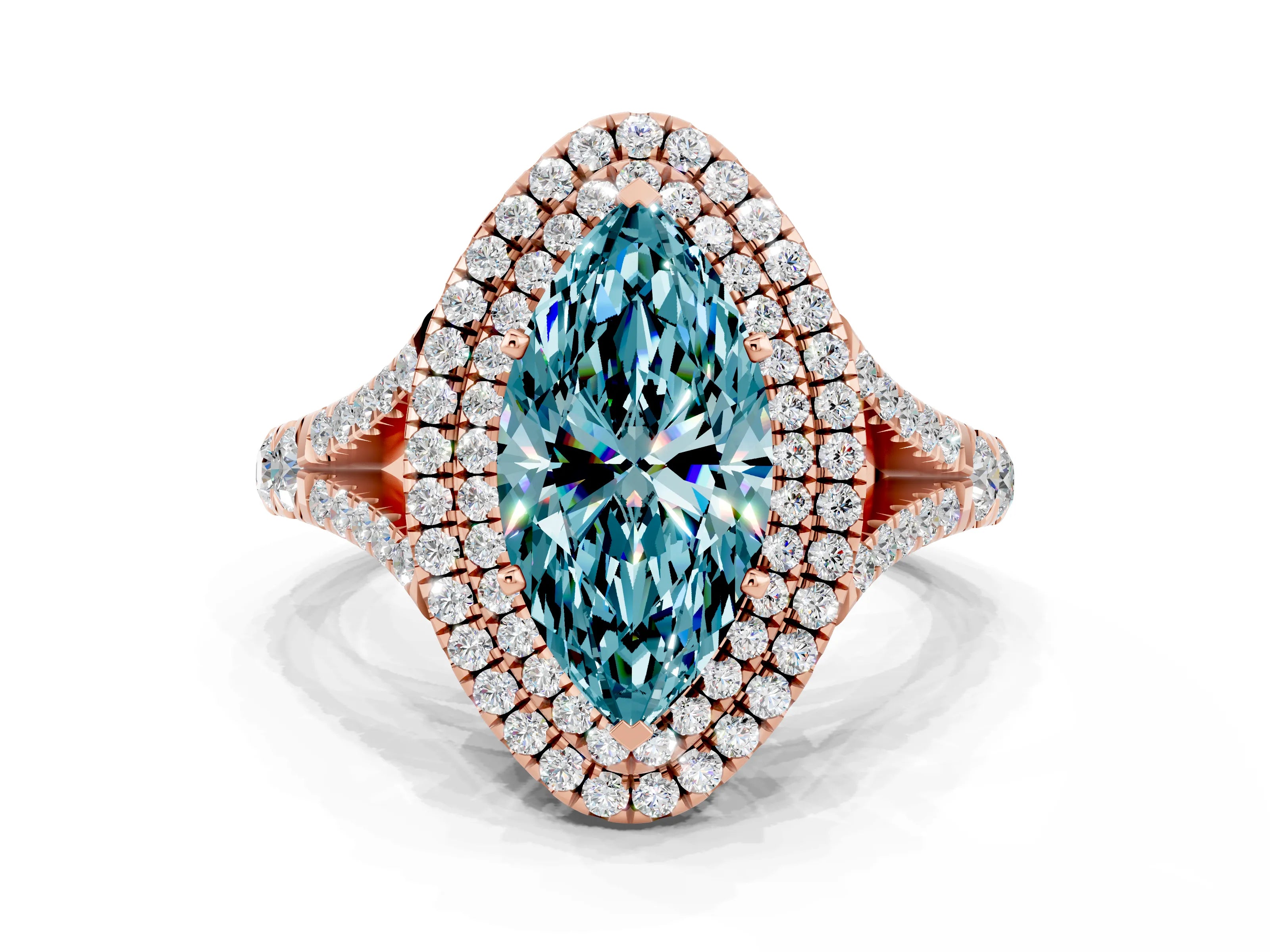 Rose gold Double Halo Marquise Cut Blue Topaz Pavé Split Shank Ring with Prong Setting