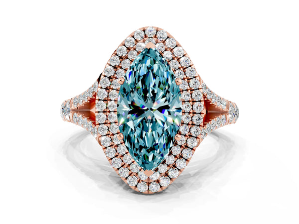Rose gold Double Halo Marquise Cut Blue Topaz Pavé Split Shank Ring with Prong Setting