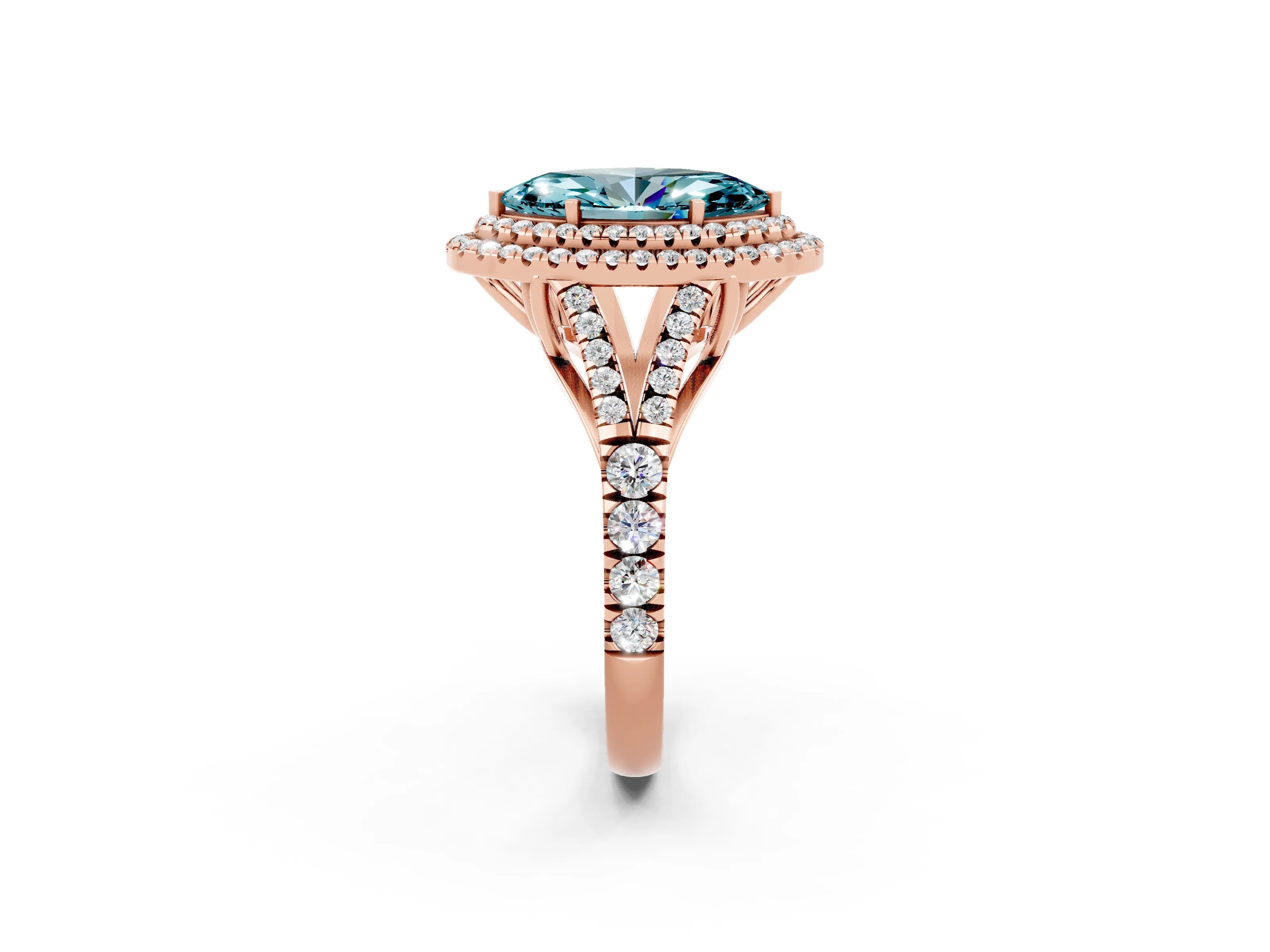 Rose gold Double Halo Marquise Cut Blue Topaz Pavé Split Shank Ring with Prong Setting_2