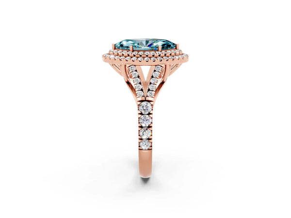 Rose gold Double Halo Marquise Cut Blue Topaz Pavé Split Shank Ring with Prong Setting