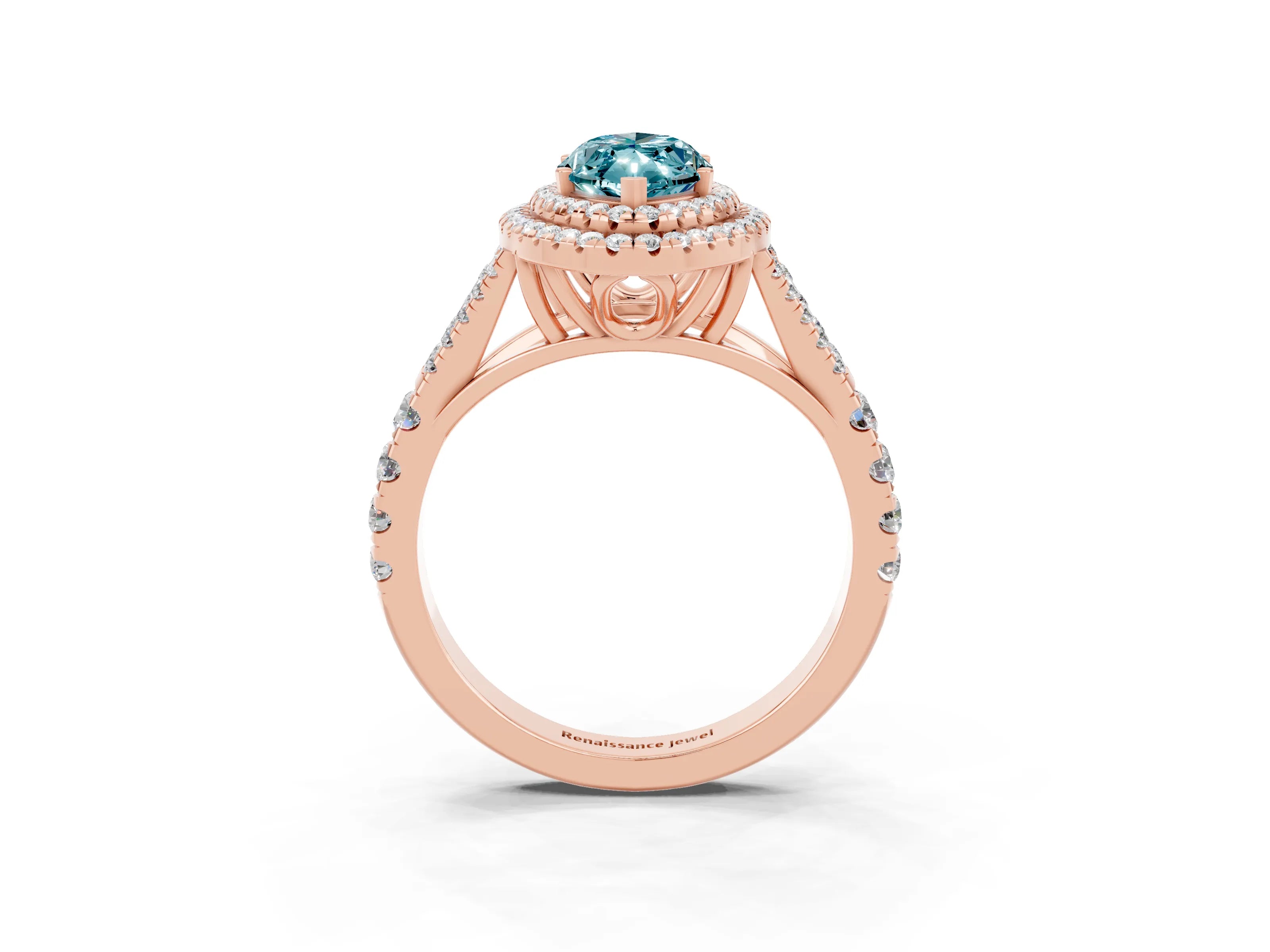 Rose gold Double Halo Marquise Cut Blue Topaz Pavé Split Shank Ring with Prong Setting_3