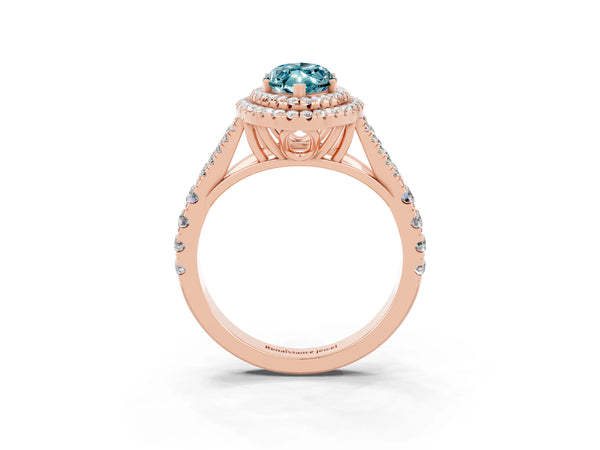 Rose gold Double Halo Marquise Cut Blue Topaz Pavé Split Shank Ring with Prong Setting