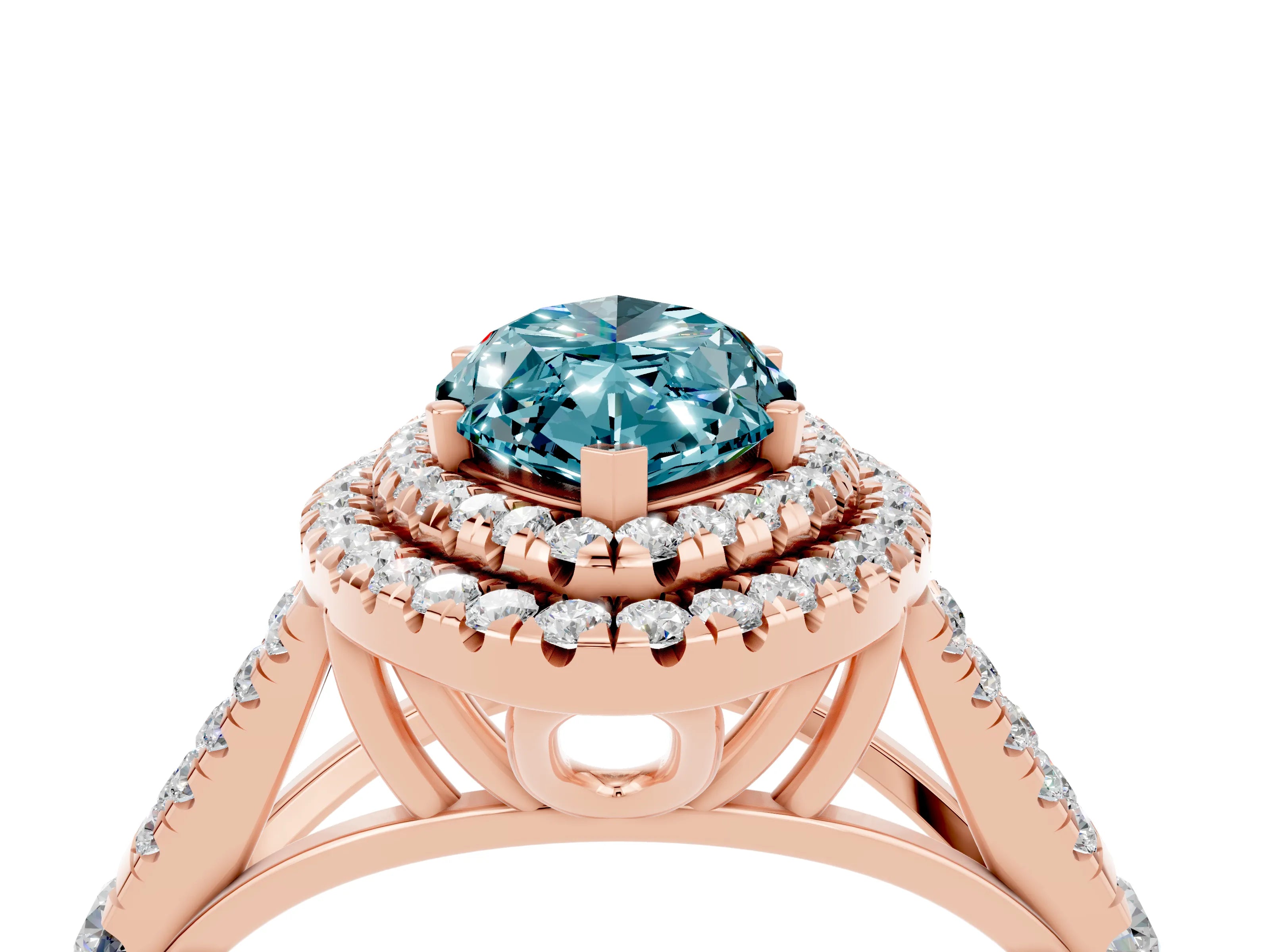 Rose gold Double Halo Marquise Cut Blue Topaz Pavé Split Shank Ring with Prong Setting_4