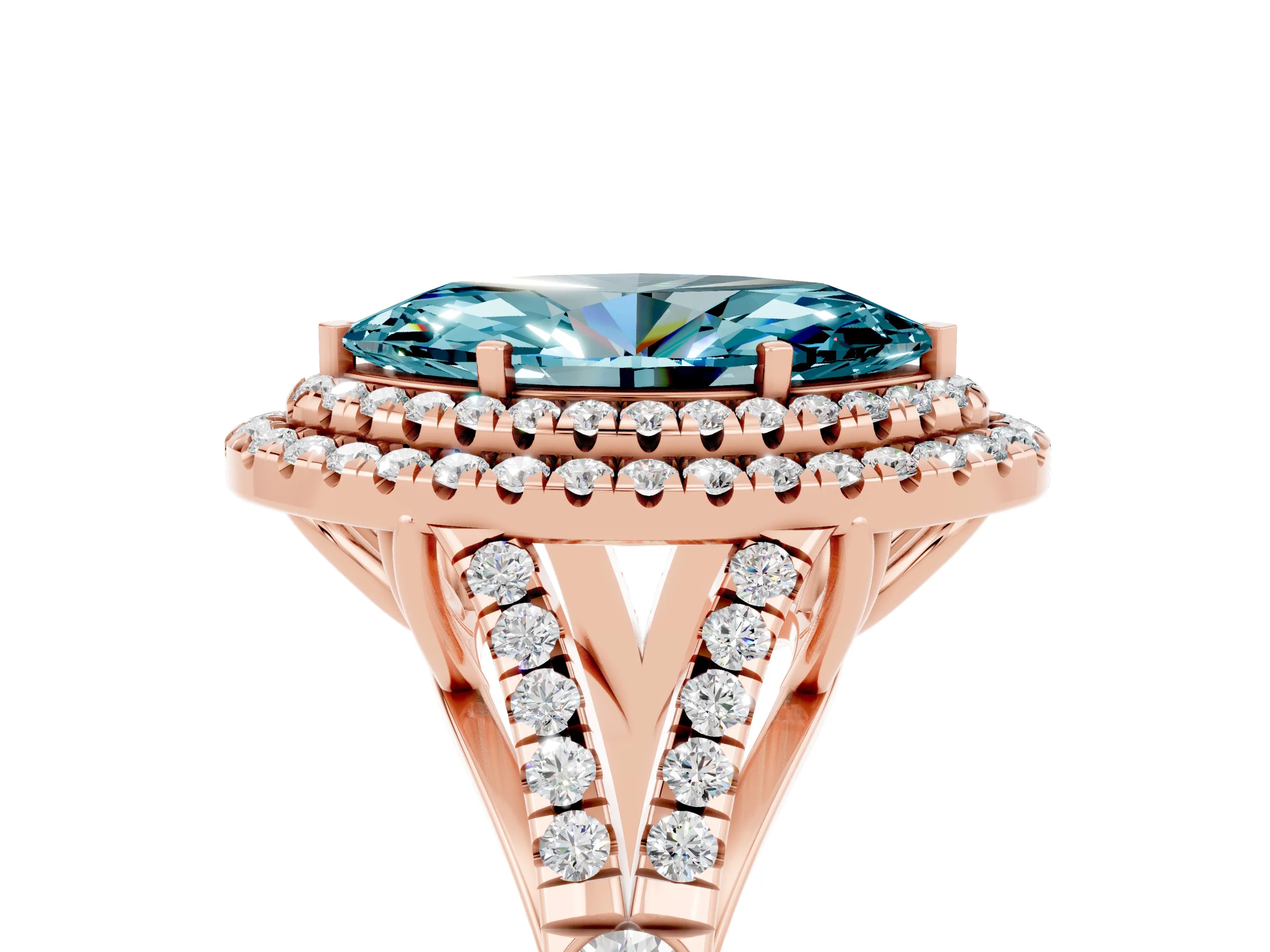 Rose gold Double Halo Marquise Cut Blue Topaz Pavé Split Shank Ring with Prong Setting_5