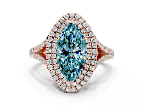 Rose gold Double Halo Marquise Cut Blue Topaz Pavé Split Shank Ring with Prong Setting