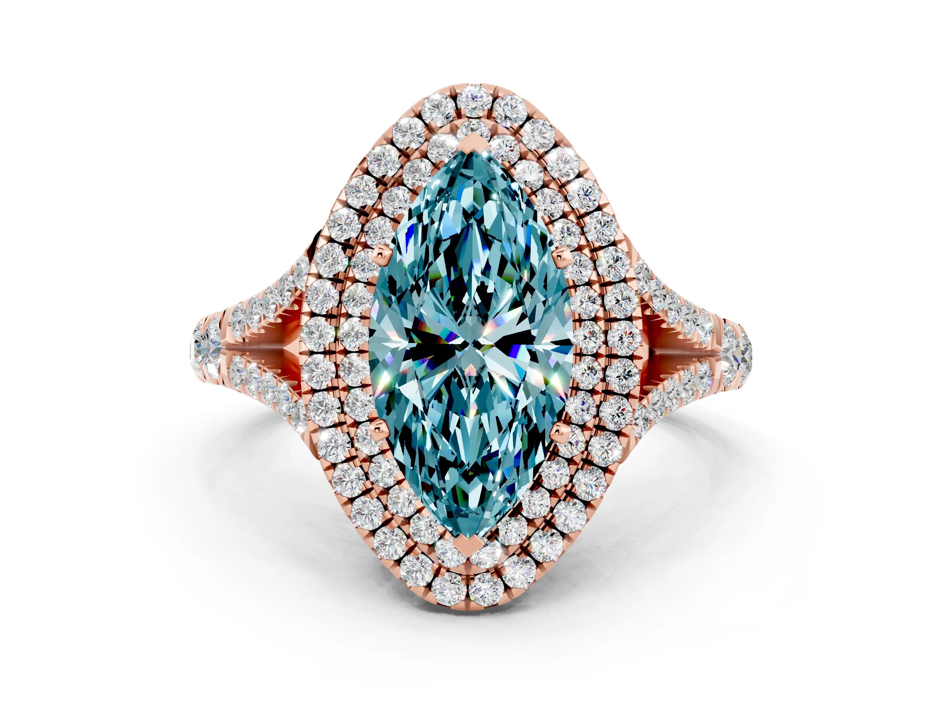 Rose gold Double Halo Marquise Cut Blue Topaz Split Shank Engagement Ring with Four-Prong Setting