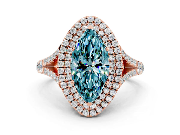 Rose gold Double Halo Marquise Cut Blue Topaz Split Shank Engagement Ring with Four-Prong Setting