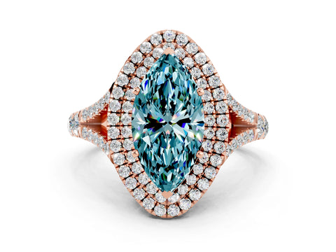 Rose gold Double Halo Marquise Cut Blue Topaz Split Shank Engagement Ring with Four-Prong Setting