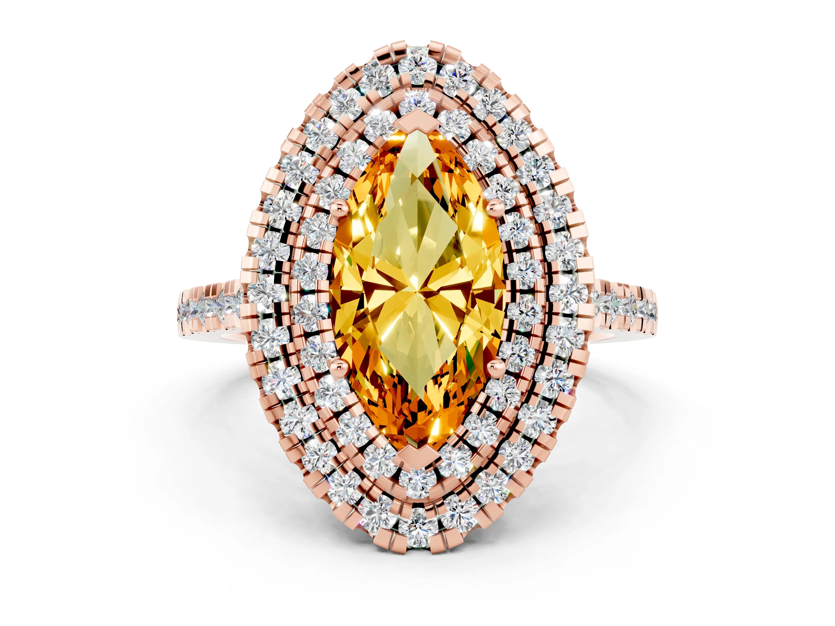 Rose gold Double Halo Marquise Cut Citrine Pavé Band with Four-Prong Setting