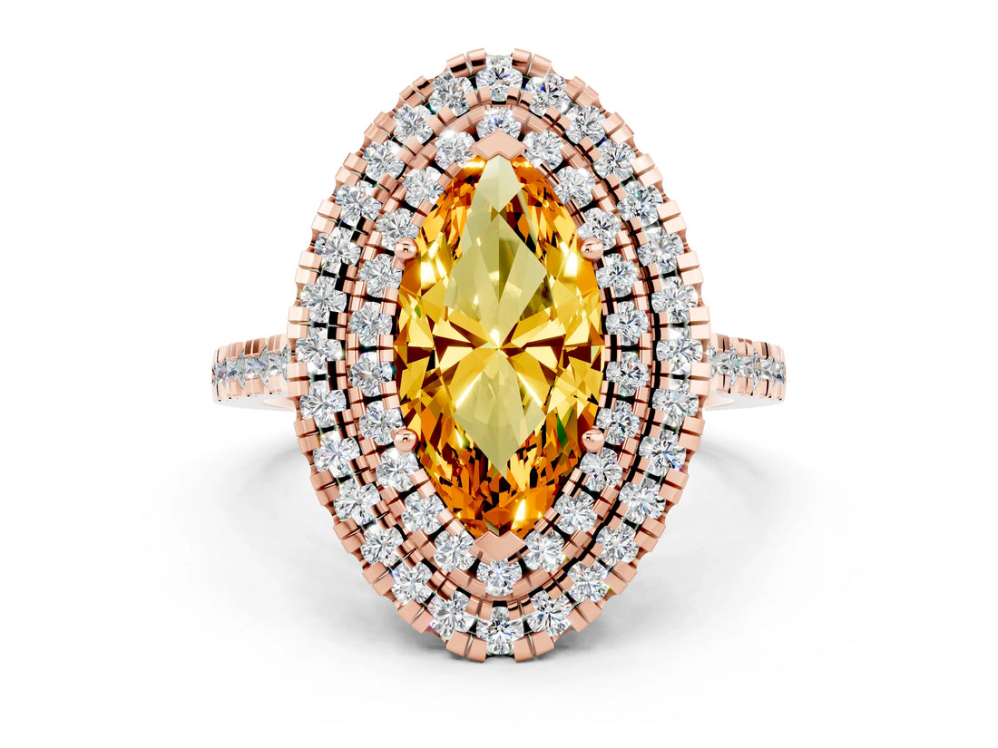 Rose gold Double Halo Marquise Cut Citrine Pavé Band with Four-Prong Setting