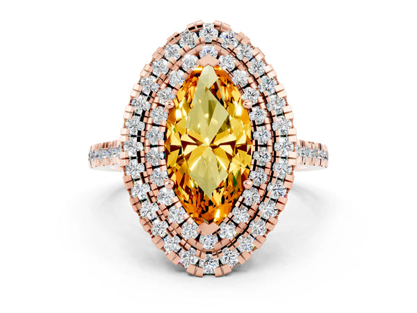 Rose gold Double Halo Marquise Cut Citrine Pavé Band with Four-Prong Setting