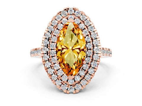 Rose gold Double Halo Marquise Cut Citrine Pavé Band with Four-Prong Setting