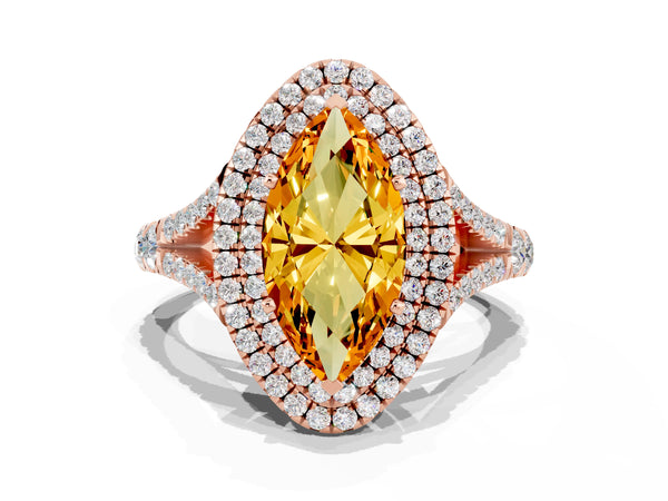 Rose gold Double Halo Marquise Cut Citrine Pavé Split Shank Ring with Prong Setting