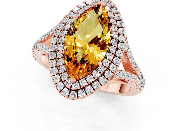 Rose gold Double Halo Marquise Cut Citrine Pavé Split Shank Ring with Prong Setting