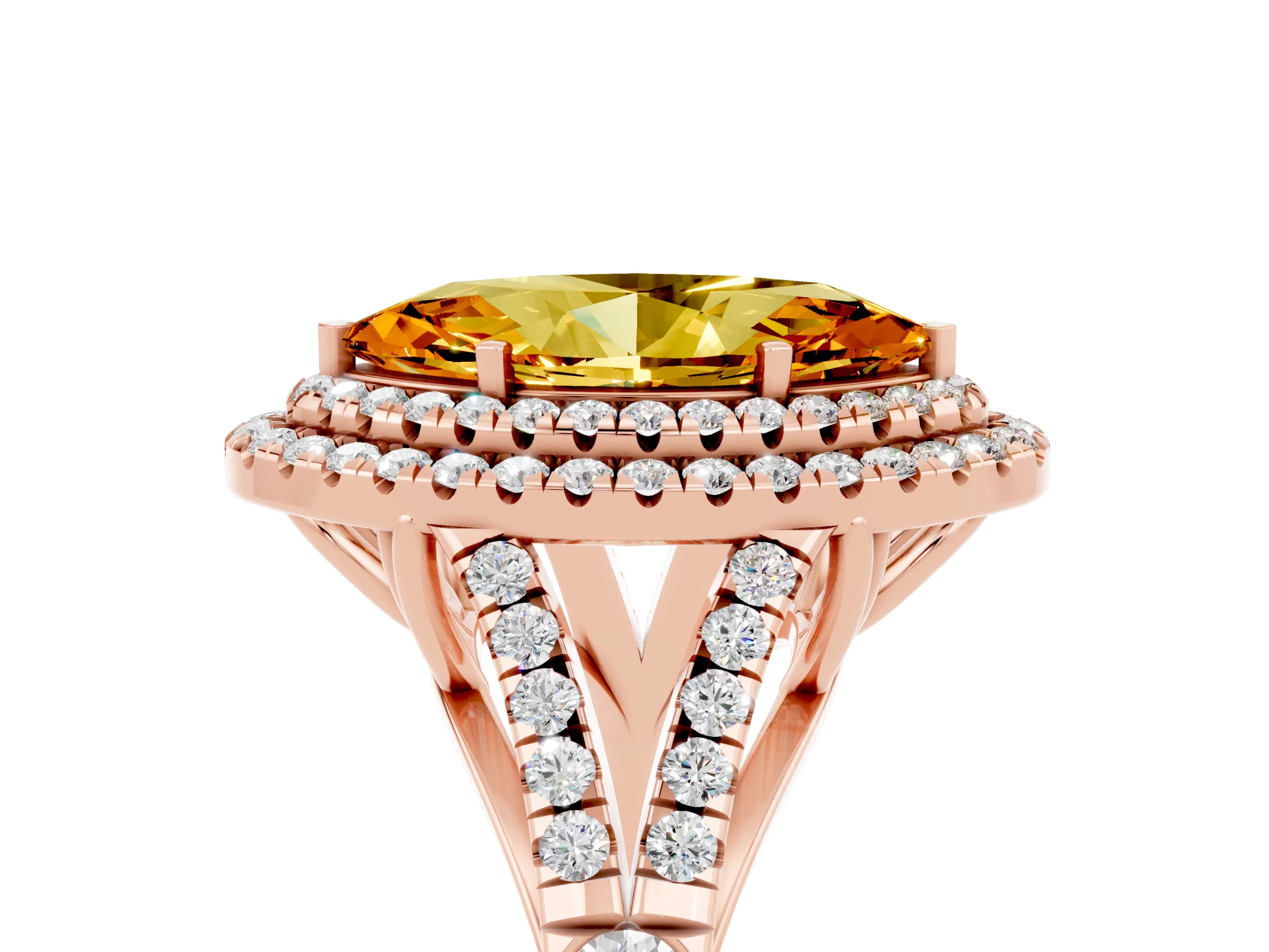 Rose gold Double Halo Marquise Cut Citrine Pavé Split Shank Ring with Prong Setting_5