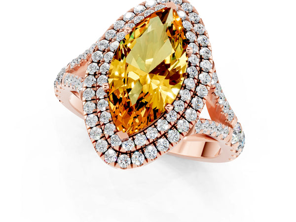 Rose gold Double Halo Marquise Cut Citrine Split Shank Engagement Ring with Four-Prong Setting