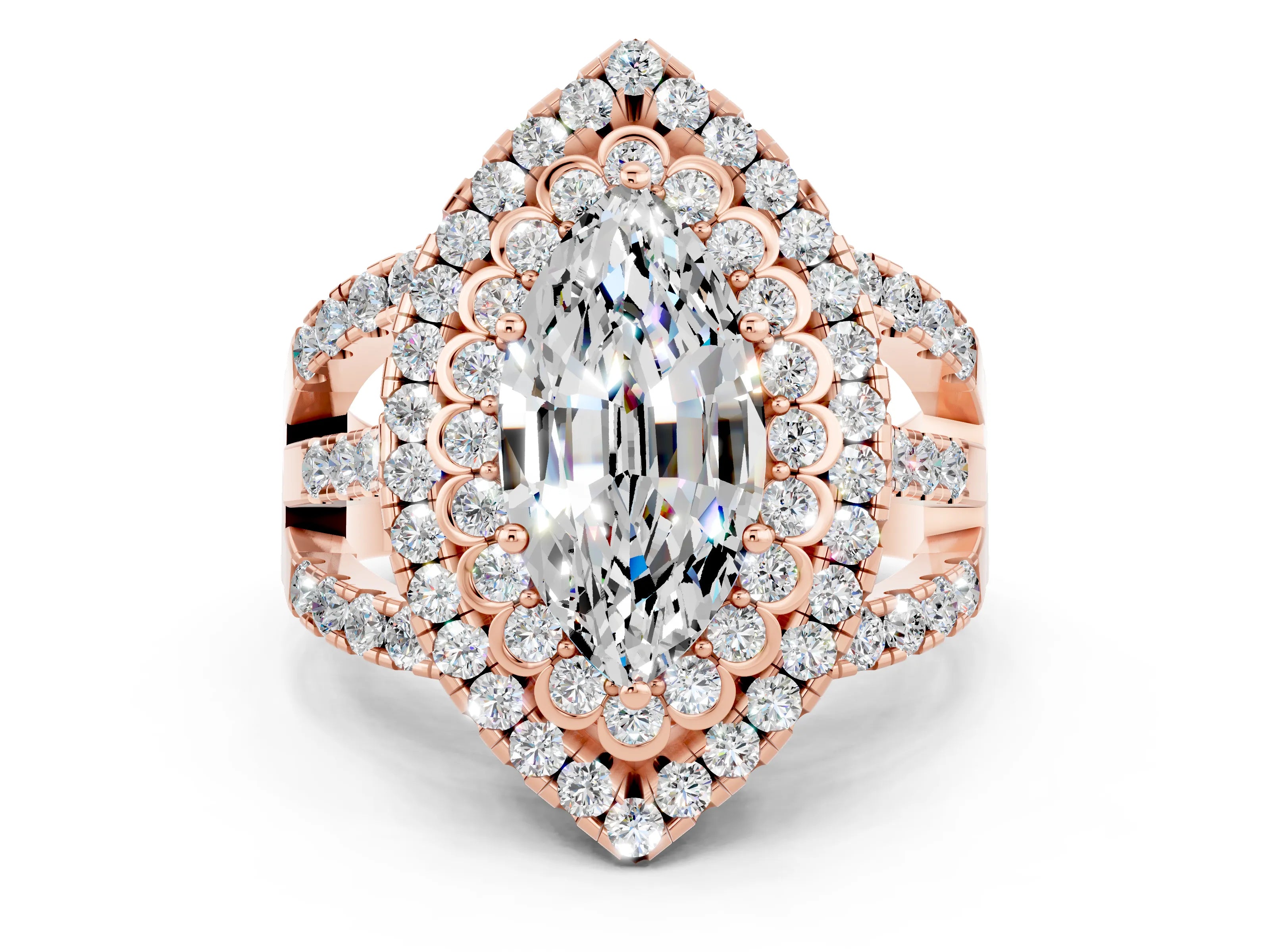 Rose gold Double Halo Marquise Cut Diamond Split Shank Pave Set Ring