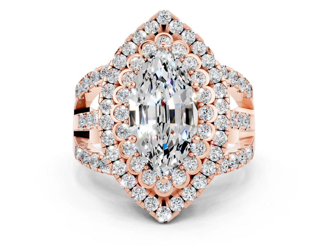 Rose gold Double Halo Marquise Cut Diamond Split Shank Pave Set Ring