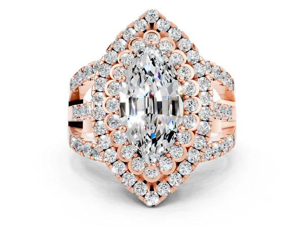 Rose gold Marquise Cut Moissanite Double Halo Ring with Round Pavé Split Shank and Prong Setting