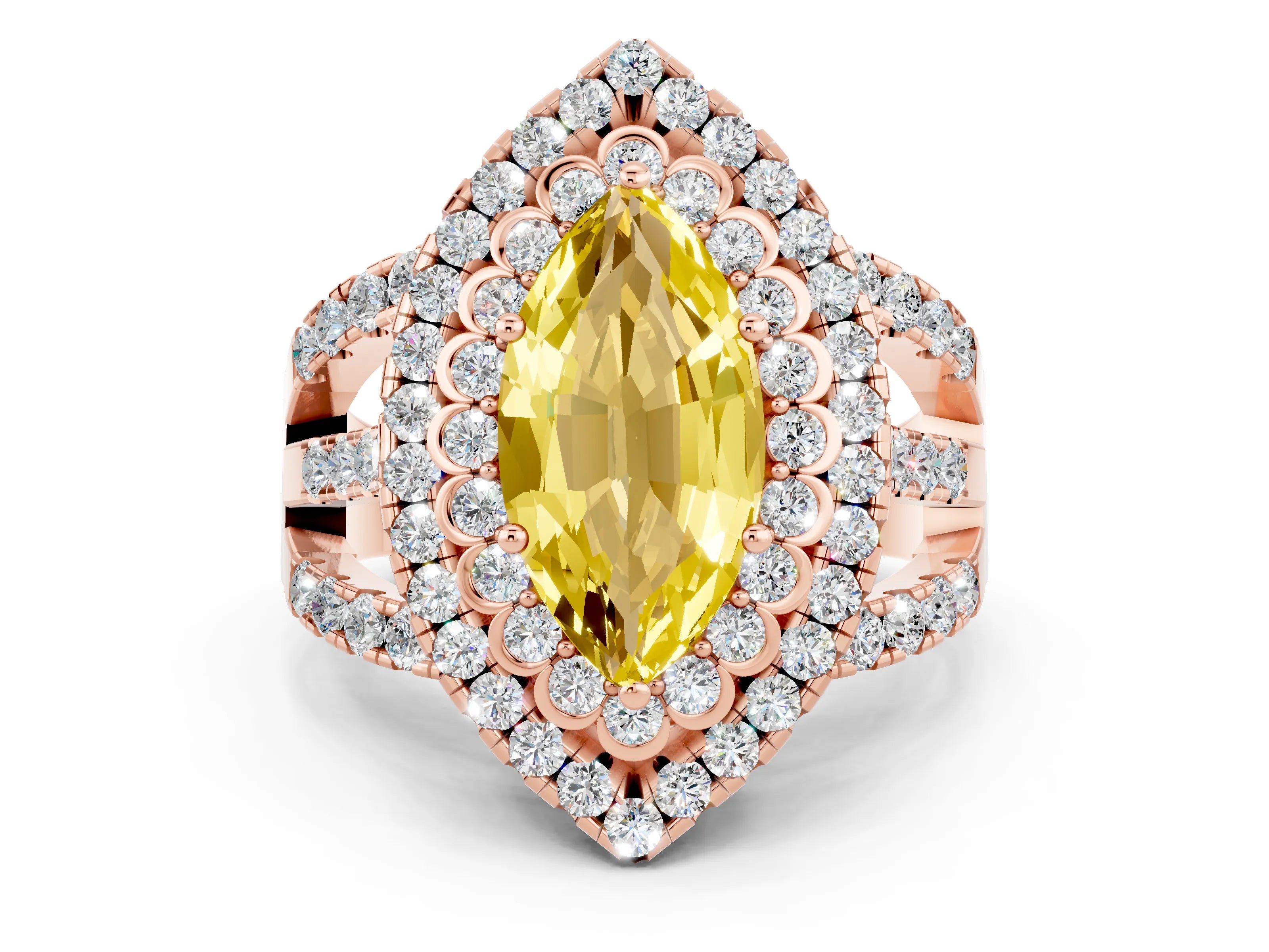 Rose gold Double Halo Marquise Cut Diamond Split Shank Pave Set Ring