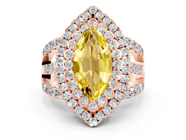 Rose gold Marquise Cut Yellow Sapphire Double Halo Ring with Round Pavé Split Shank and Prong Setting
