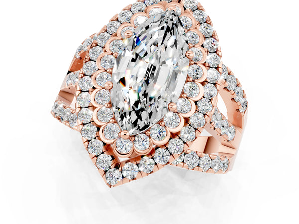 Rose gold Marquise Cut Moissanite Double Halo Ring with Round Pavé Split Shank and Prong Setting