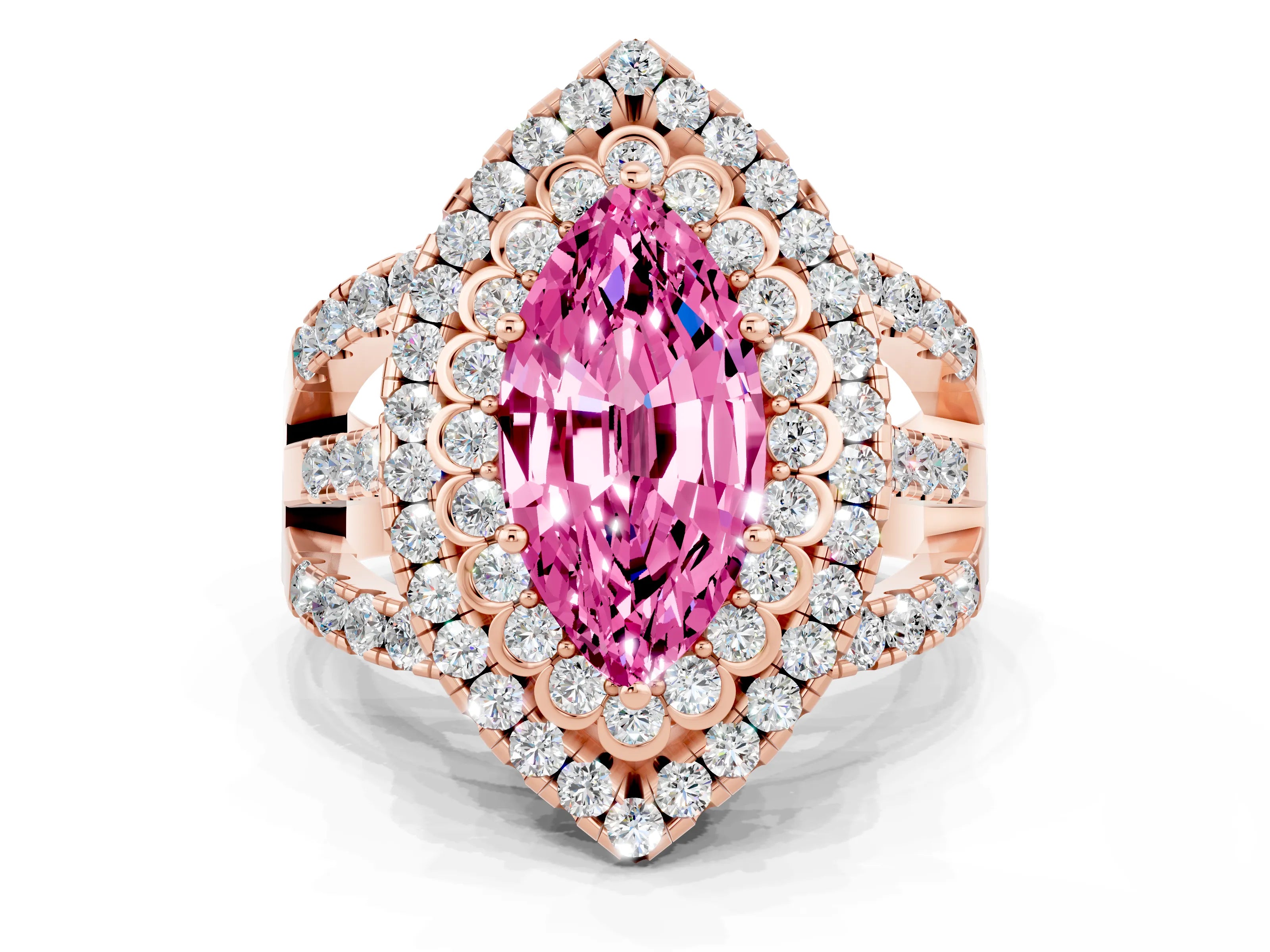 Rose gold Double Halo Marquise Cut Diamond Split Shank Pave Set Ring