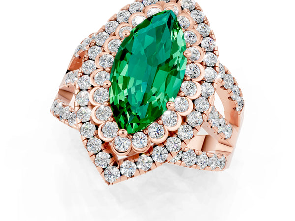 Rose gold Marquise Cut Emerald Double Halo Ring with Round Pavé Split Shank and Prong Setting