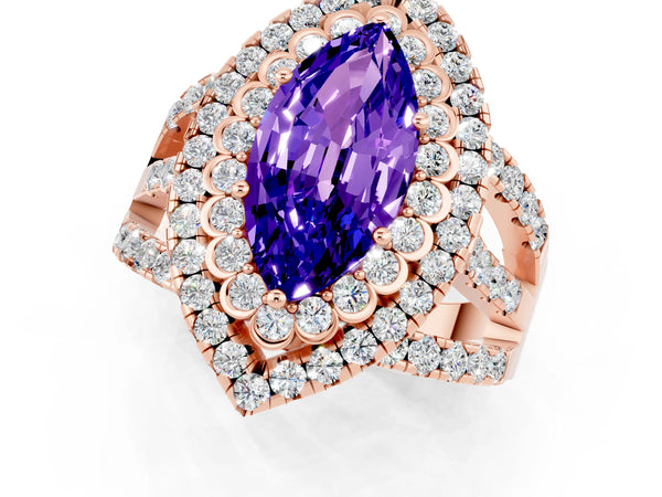 Rose gold Marquise Cut Tanzanite Double Halo Ring with Round Pavé Split Shank and Prong Setting