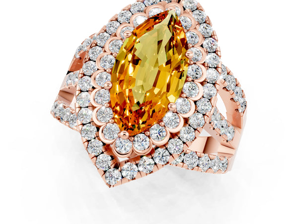 Rose gold Marquise Cut Citrine Double Halo Ring with Round Pavé Split Shank and Prong Setting