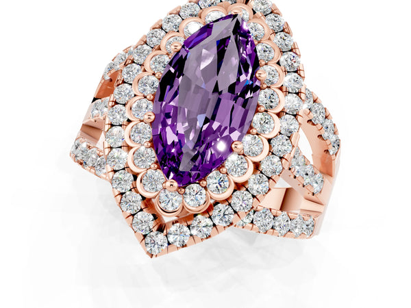 Rose gold Marquise Cut Amethyst Double Halo Ring with Round Pavé Split Shank and Prong Setting