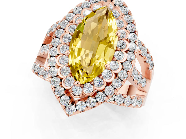 Rose gold Marquise Cut Yellow Sapphire Double Halo Ring with Round Pavé Split Shank and Prong Setting