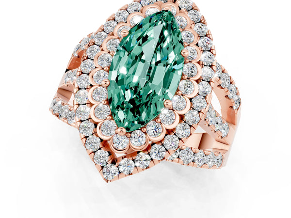 Rose gold Marquise Cut Green Sapphire Double Halo Ring with Round Pavé Split Shank and Prong Setting