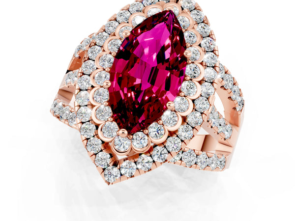 Rose gold Marquise Cut Garnet Double Halo Ring with Round Pavé Split Shank and Prong Setting