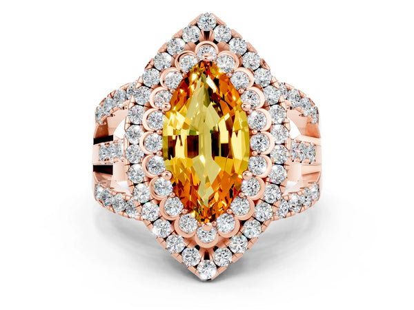 Rose gold Marquise Cut Citrine Double Halo Ring with Round Pavé Split Shank and Prong Setting
