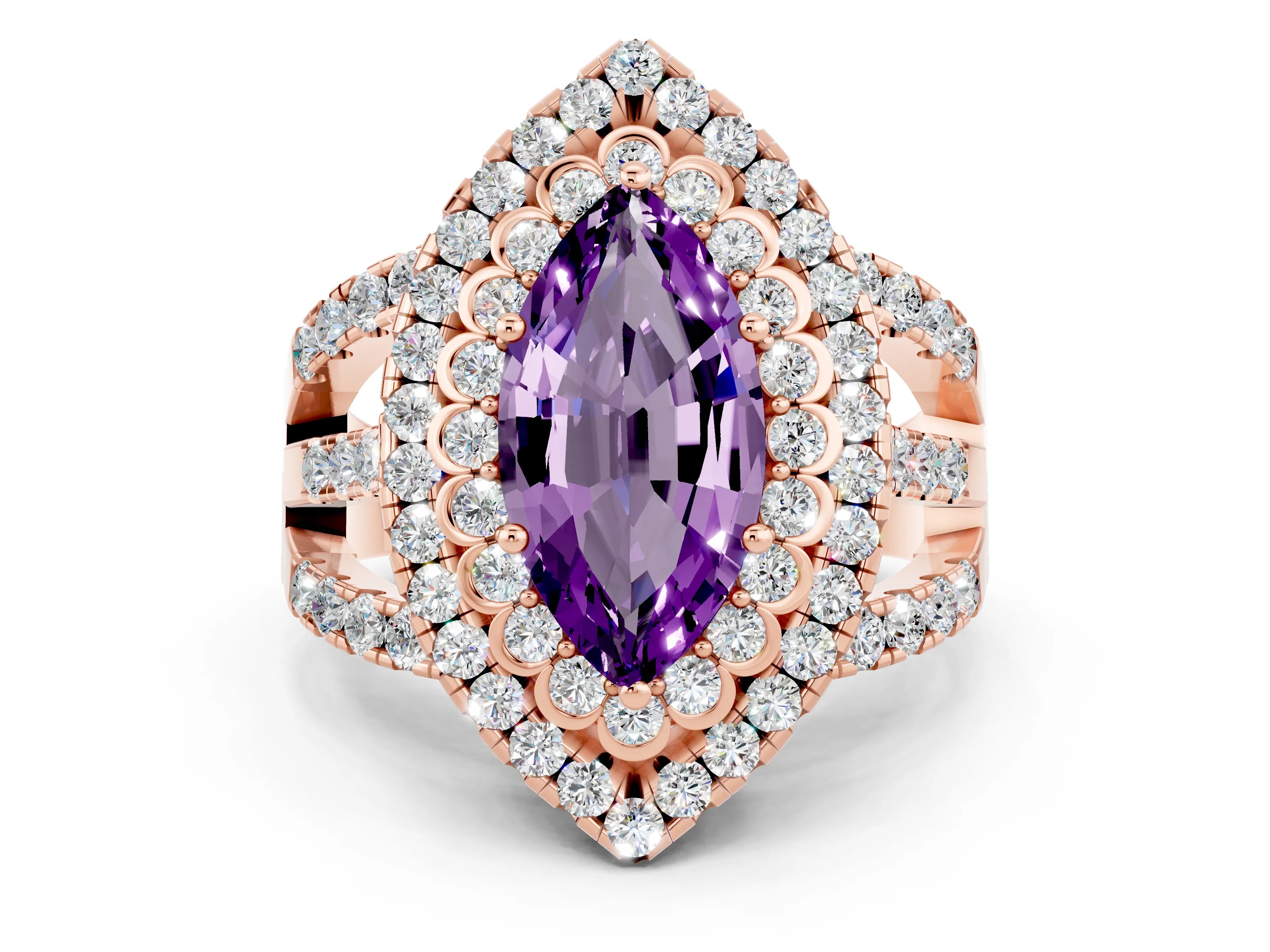 Rose gold Double Halo Marquise Cut Diamond Split Shank Pave Set Ring