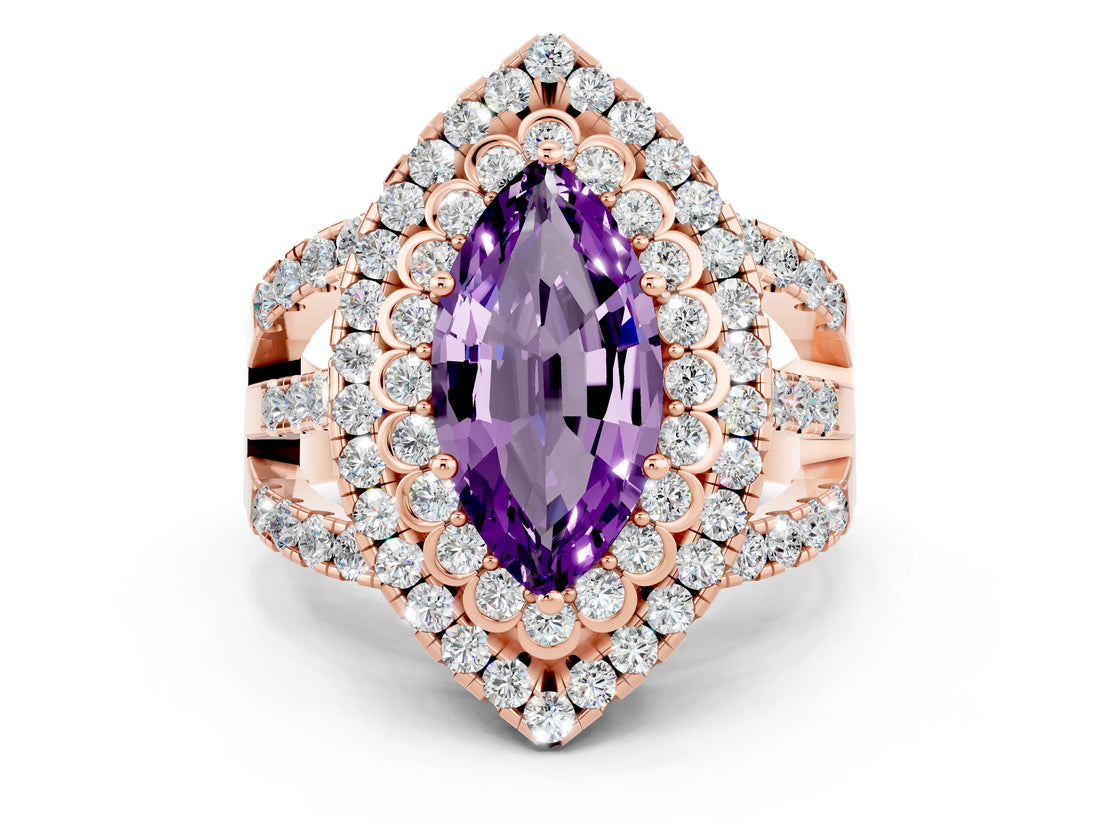 Rose gold Double Halo Marquise Cut Diamond Split Shank Pave Set Ring