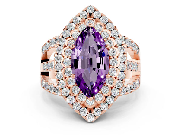 Rose gold Marquise Cut Amethyst Double Halo Ring with Round Pavé Split Shank and Prong Setting