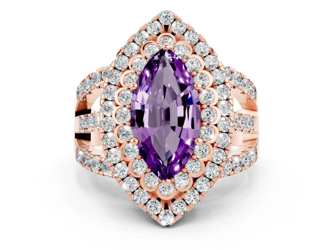 Rose gold Double Halo Marquise Cut Diamond Split Shank Pave Set Ring