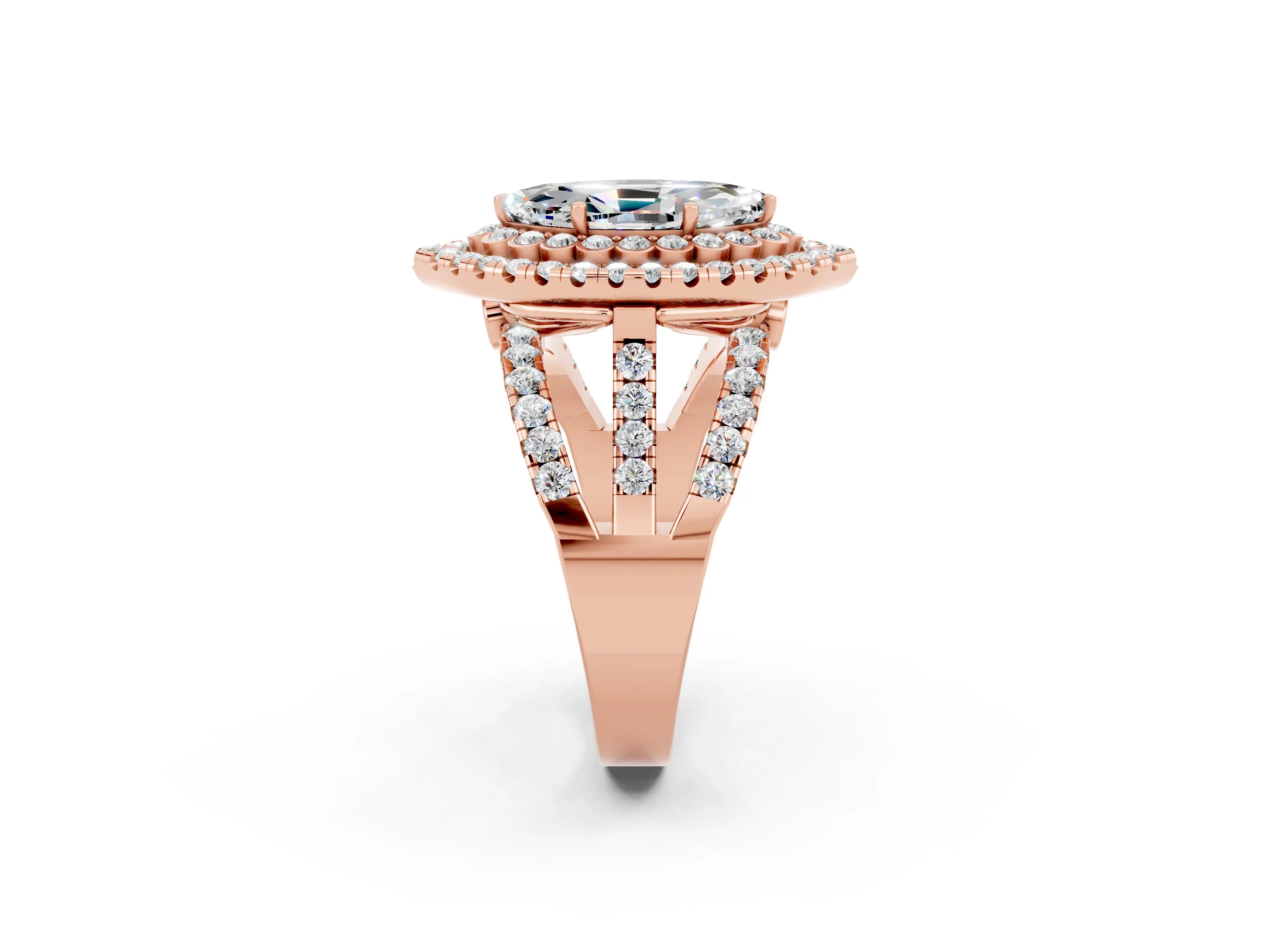 Rose gold Double Halo Marquise Cut Diamond Split Shank Pave Set Ring_2