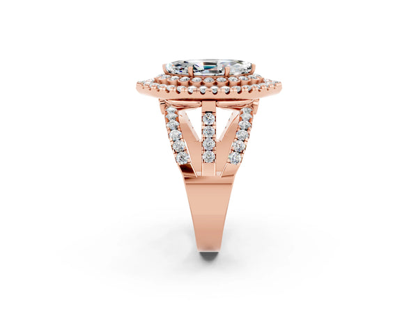 Rose gold Marquise Cut Moissanite Double Halo Ring with Round Pavé Split Shank and Prong Setting