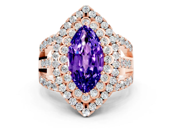 Rose gold Marquise Cut Tanzanite Double Halo Ring with Round Pavé Split Shank and Prong Setting