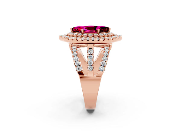 Rose gold Marquise Cut Garnet Double Halo Ring with Round Pavé Split Shank and Prong Setting