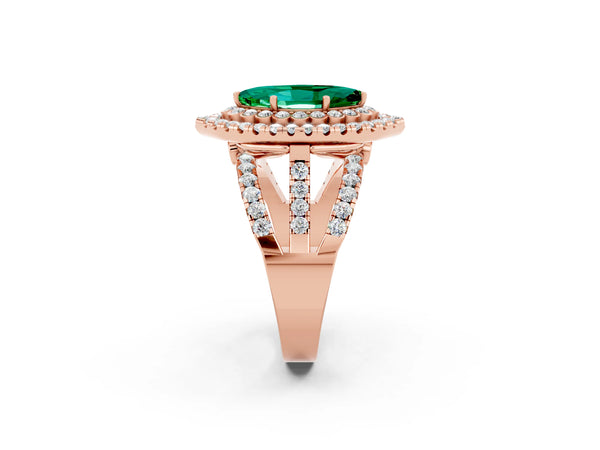Rose gold Marquise Cut Emerald Double Halo Ring with Round Pavé Split Shank and Prong Setting